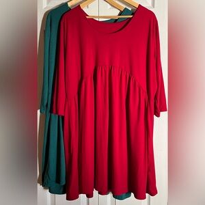 Red and Green 3/4 Sleeve Baby Doll Dress